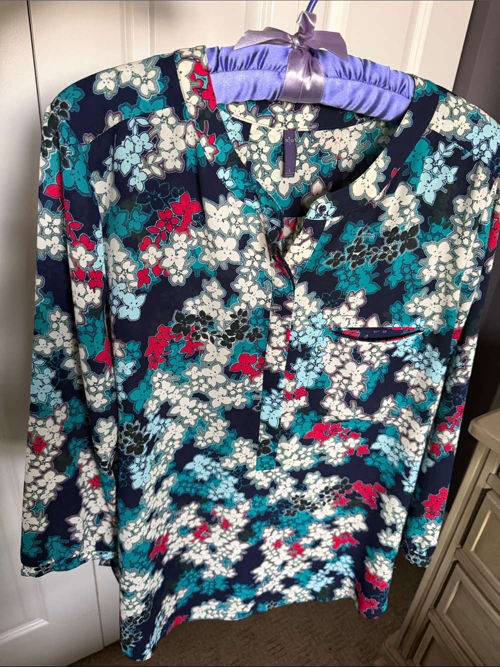 NYDJ Navy Floral 3/4-Sleeve Blouse with Teal & Red Accents